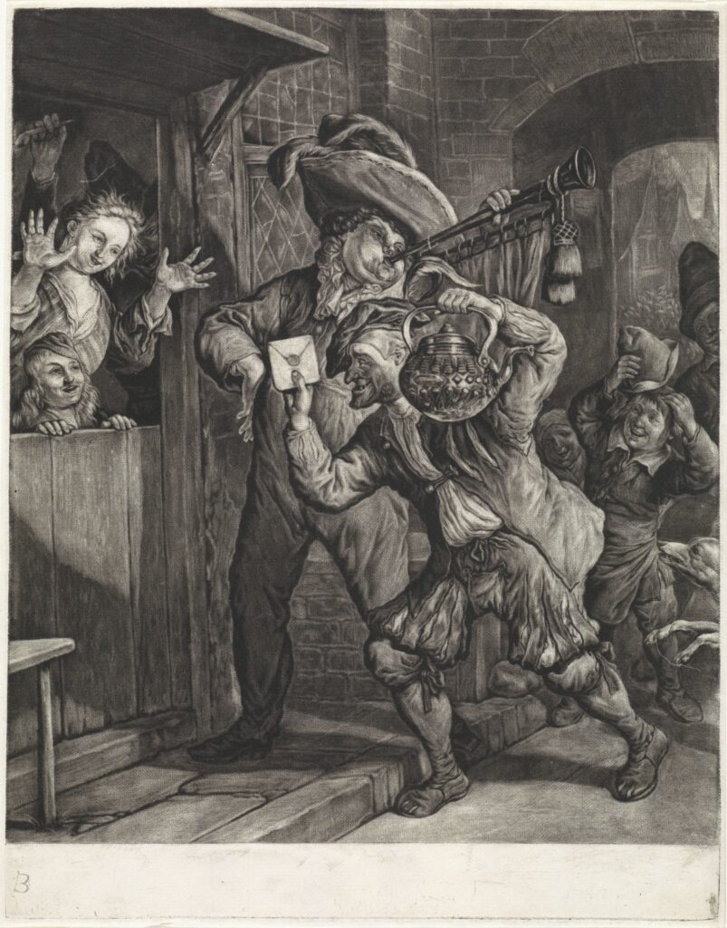 Campagne beeld naar de prent van Grootebroek uit 1694. De loterij gehouden voor de slachtoffers van de grote brand in het dorp Grootebroek (bij Enkhuizen) op 20 augustus 1694. Een man bezorgt een ketel en een verzegelde brief bij de prijswinnaars van de loterij. Fotografie Carla Leijen