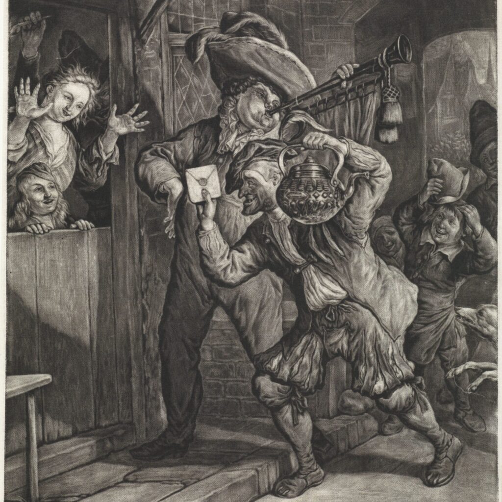 Campagne beeld naar de prent van Grootebroek uit 1694. De loterij gehouden voor de slachtoffers van de grote brand in het dorp Grootebroek (bij Enkhuizen) op 20 augustus 1694. Een man bezorgt een ketel en een verzegelde brief bij de prijswinnaars van de loterij. Fotografie Carla Leijen